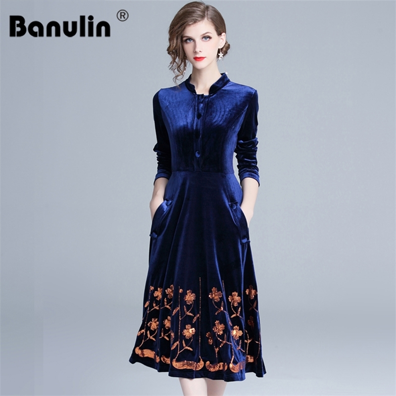 

Women Autumn & Winter Elegant Sequin Velvet Dress Festa Female High Quality Designer Party Vestidos Vintage Robe Femme 210603, Dark blue