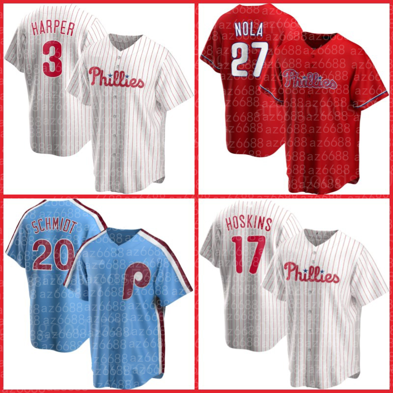 

Philadelphia Bryce Phillies Harper Jerseys Baseabll 27 Aaron Nola Rhys Hoskins J.T. Realmuto Didi Gregorius Mike Schmidt Alec Bohm Quinn, Blue;black