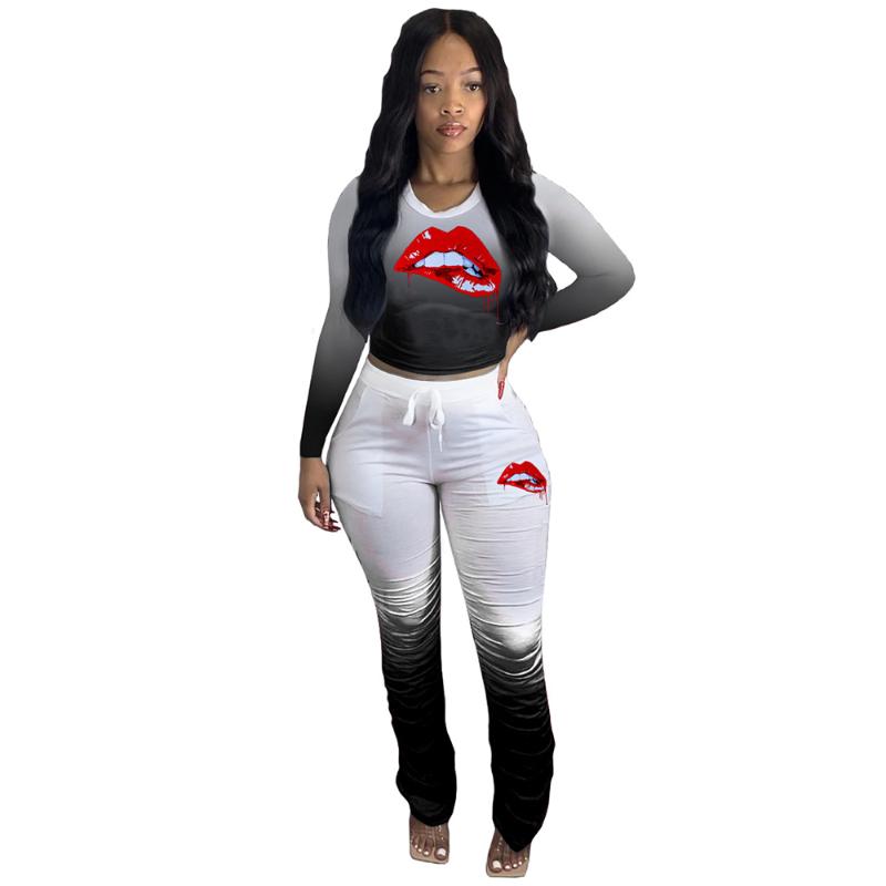 

Women' Two Piece Pants Casual Style Set Women Gradient Color Mouth Print Long Sleeve O-neck Crop Top+simple Drawstring Stacked Maxi Trouser, Black