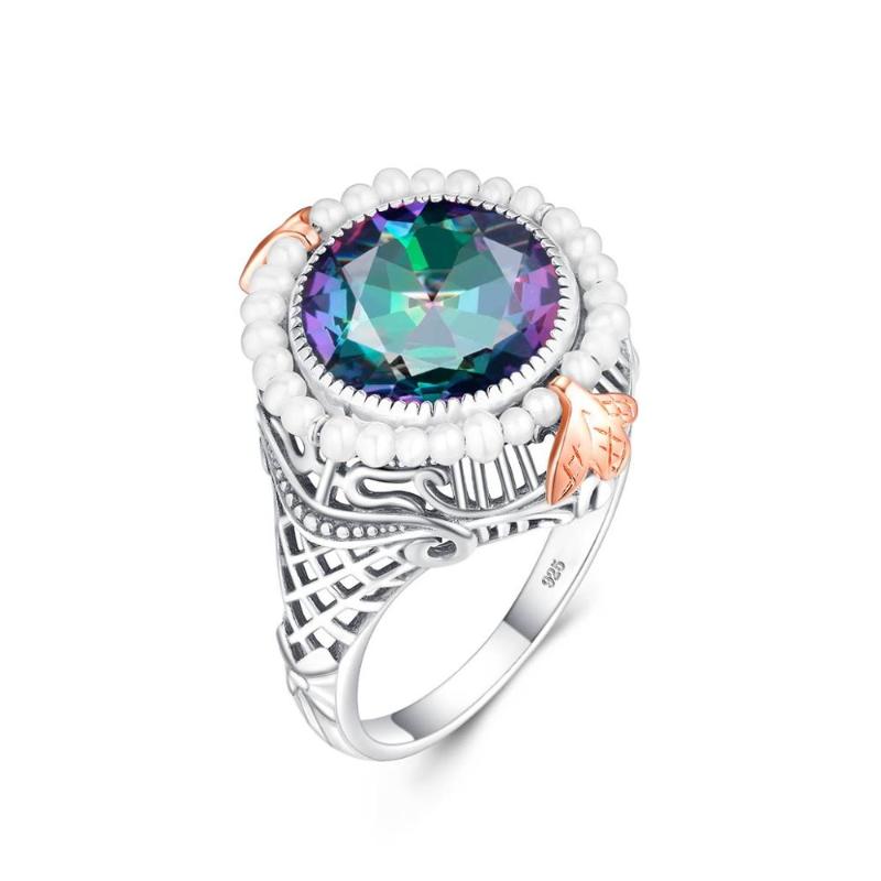 

Cluster Rings Silver For Women Genuine 925 Sterling Rainbow Ring Multicolor Mystic Topaz With Pearls Big Gemstones Luxury Jewelry