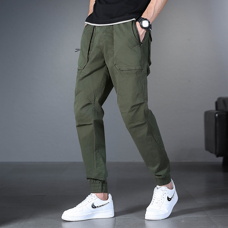 

Washed cotton men's large casual pants Korean 2021 summer loose TB fashion overalls, Black