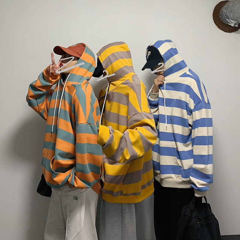 

2021 New Men' Stripe Printing Hooded Hoodies Loose Coats High-quality Pullover Cotton Casual Oversized Style Sweatshirt -2xl Jqyz, Blue stripes