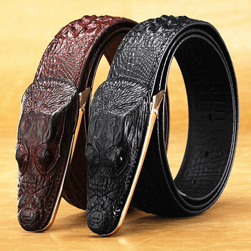 

2021 New Men's Genuine Leather Alligator Strap Crocodile Head Belt Real Cowhide Fashion Belts Gift for Men 7174, Black