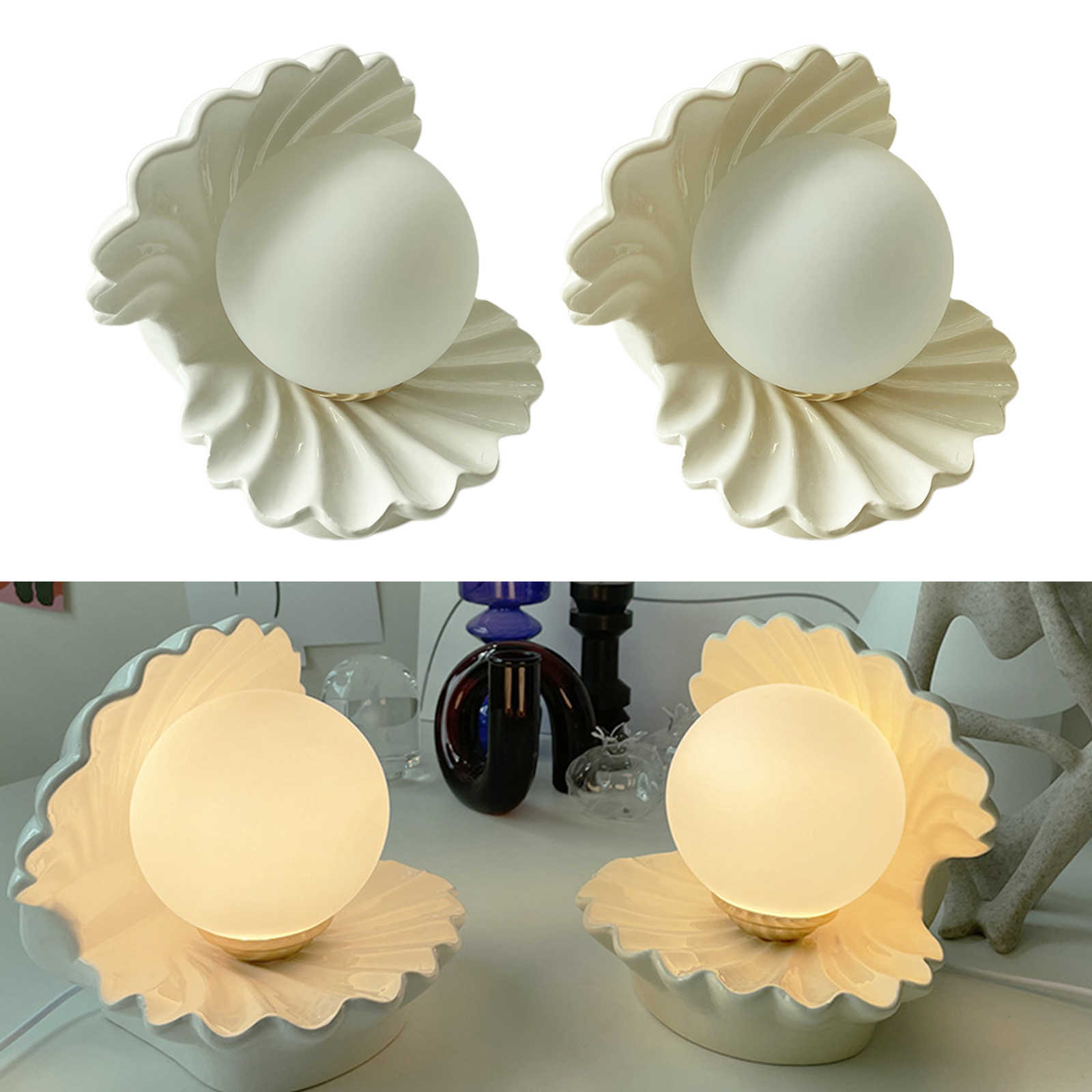 

Decorative Nightlight Ceramics Shell Glass Pearl Night Light Desktop Nightstand Bedside Decorative Lamp Ornament H0922