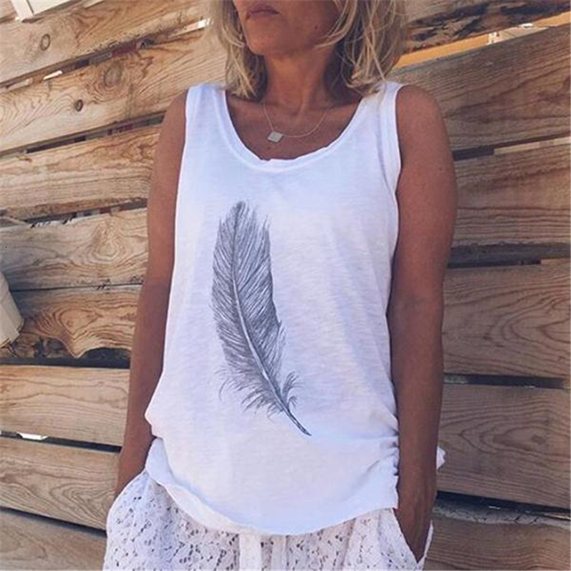 

2021 New Novo Vero Impresso De Penas Solto Moda Senhoras Topos Colete Casual O-pescoo Sem Mangas Regatas Do Tanque Feminino Uvlh, Blue