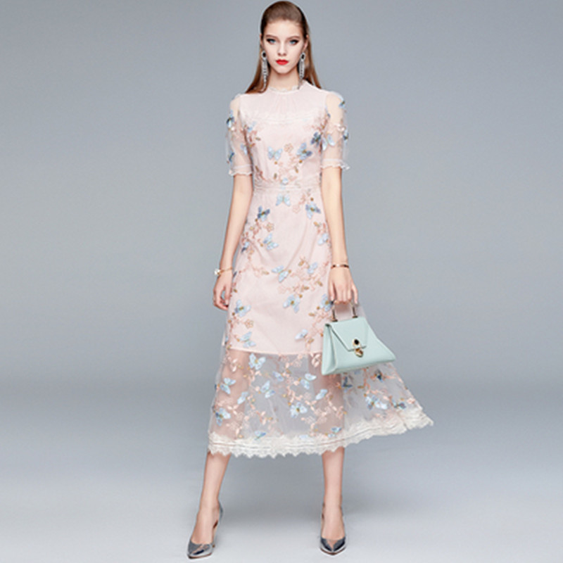 

ZAWFL Sexy Elegant Flower Floral A-line Swing Dress Women Summer Retro Mesh Vestido Embroidery Plus Size OL Dresses 210525, Picture color