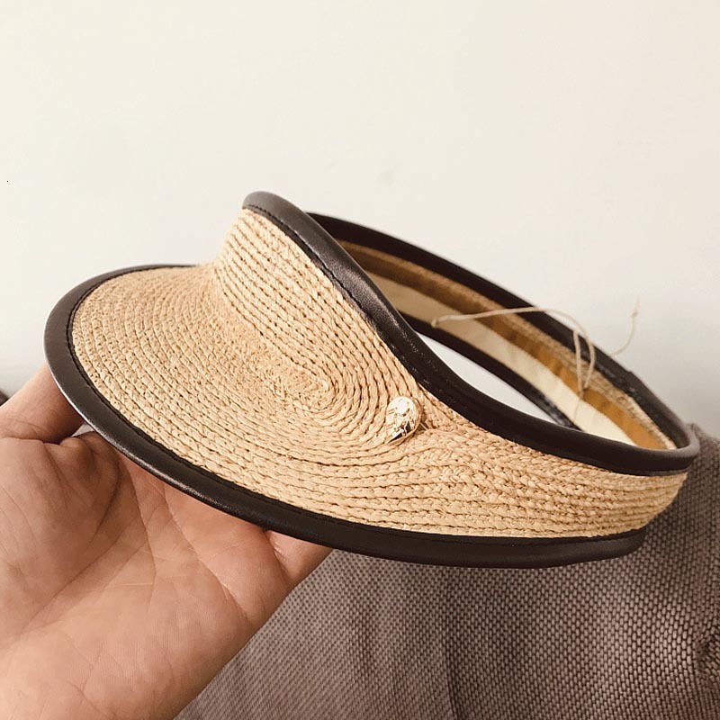 

2021 New Fashion Summer Women Raffia Sun Adjustale Holiday Beach Female Short Brim Straw Visor Hat Empty Top Derby S3tc, Natural