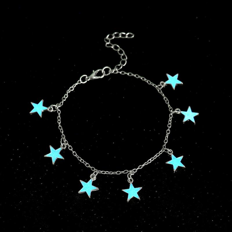 

Anklets Women Blue Night Light Pentagon Star Beach Wind And Silver Plated Chain For Wholesale, Red;blue