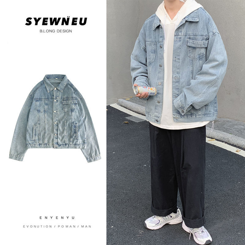 

2021 New Spring Autumn Blue Men's Fashion Casual Retro Tooling Denim Streetwear Loose Hip-hop Bomber Jacket Men 0x90