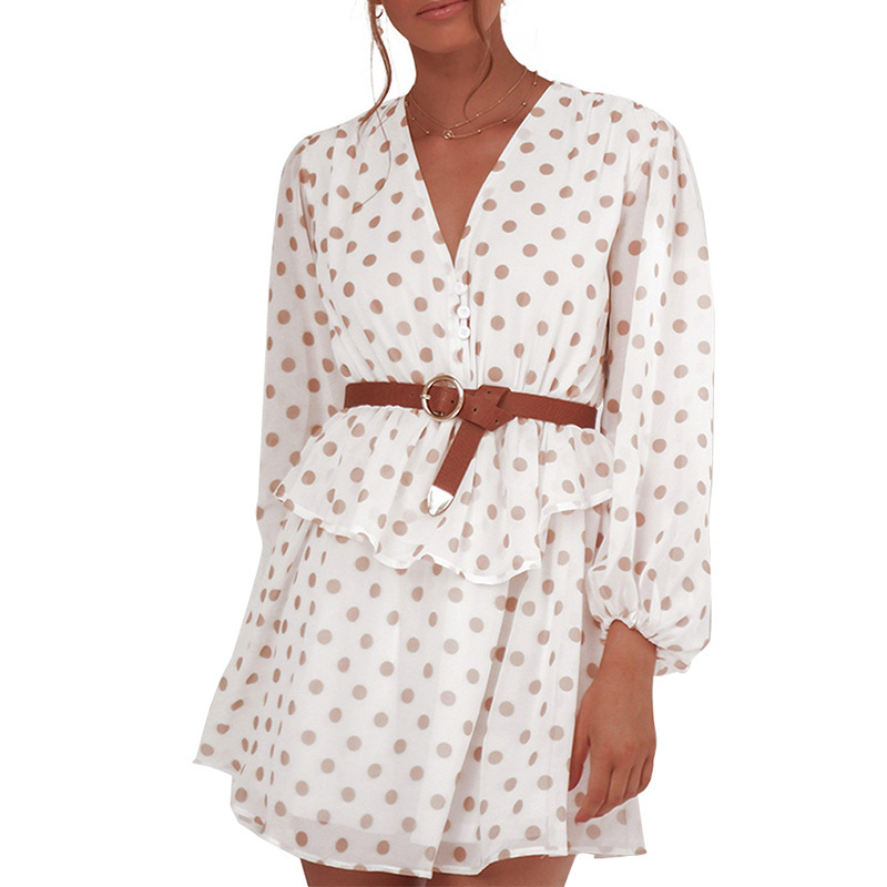 

2021 New Women Summer Beach Chiffon Casual Long Sleeve Polka Dot Boho Mini Party Elegant v Neck Sun Vestidos 3nyz, Beige