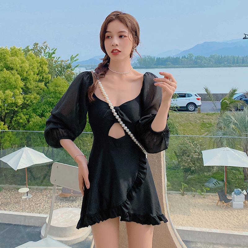 

One-Piece Suits Mesh Long Sleeve Swimsuit Sexy Hollow Out Swimwear Ruffle One Piece Beachwear Summer Holiday Swimming Bathing Suit Monokini