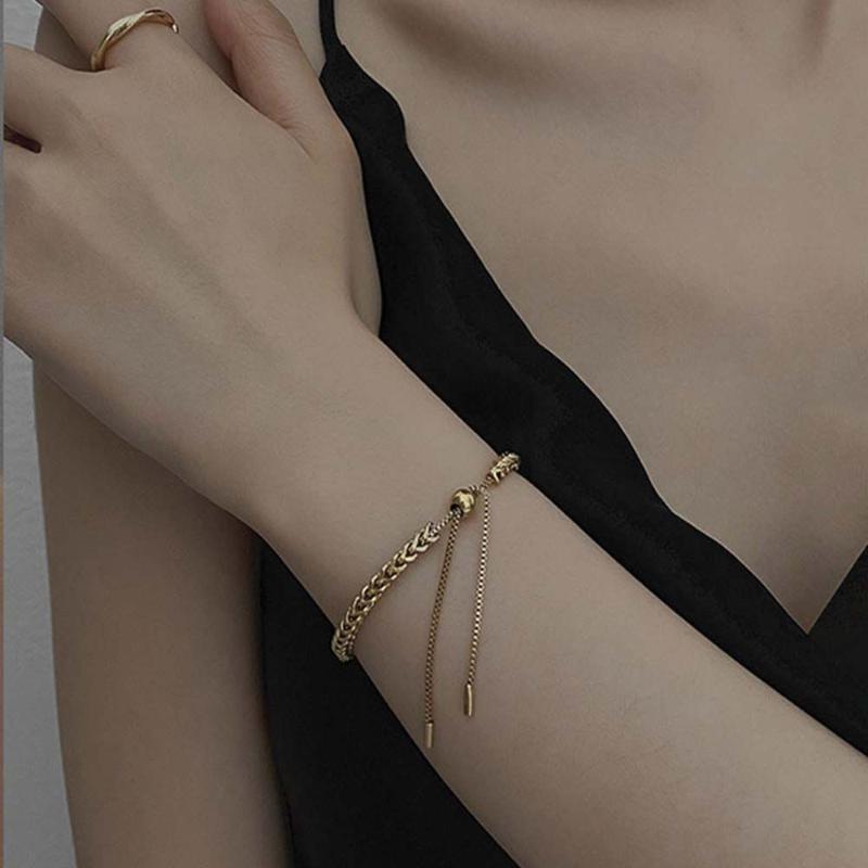 

Charm Bracelets Steel Minimalism Gold Color Goth Metal Chains Women Bracelet Bangle Golden Wheat Fashion Jewelry, Golden;silver