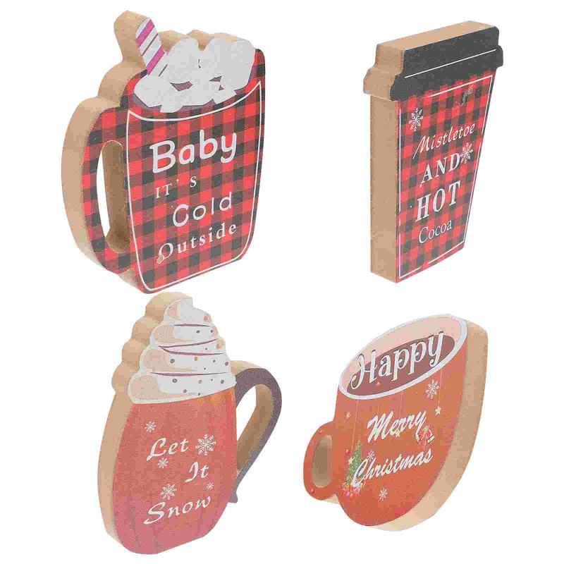 

Christmas Decorations 4Pcs Theme Wooden Signs Winter Coffee Wood Cups For Party