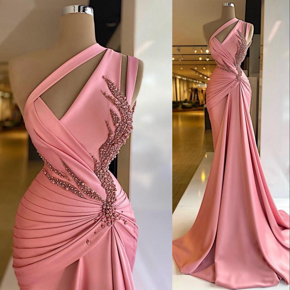 

Sexy Plus Size Pink Mermaid Prom Dresses One Shoulder Crystal Pearls Floor Length Special Occasion Evening Gowns Dress Arabic Middle East Second Reception Gown, Same as picture