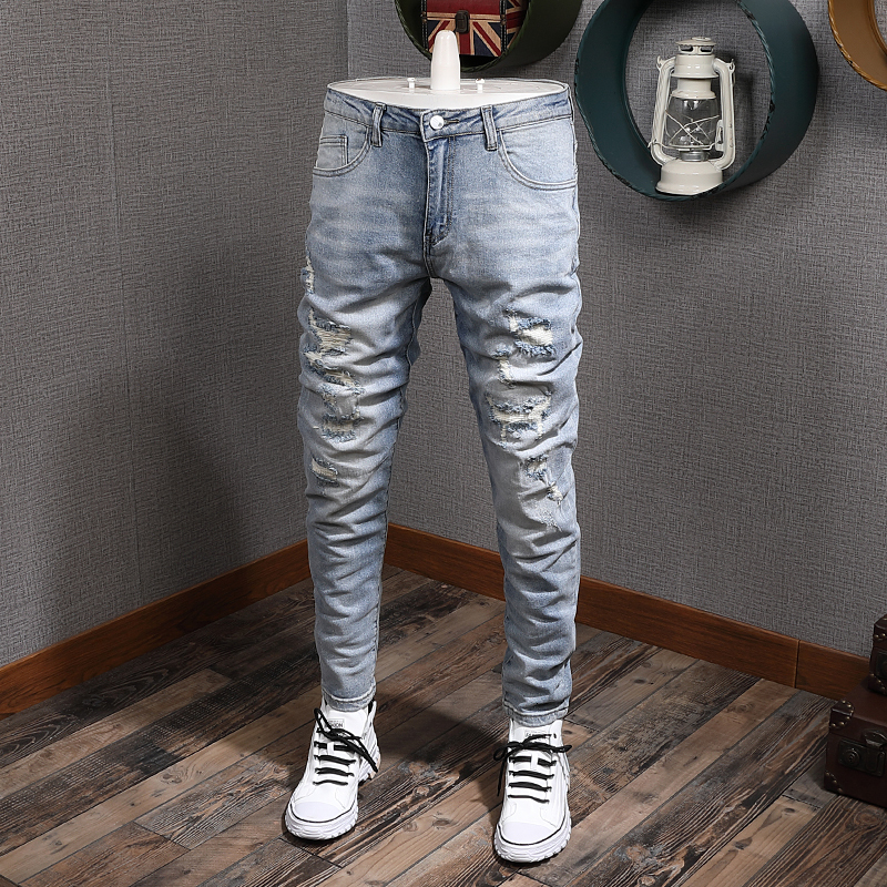 

2021 New Newly Fashion Men Jeans Retro Light Blue Elastic Slim Fit Ripped Denim Pencil Pants Korean Style Designer Trousers Male 1uvw