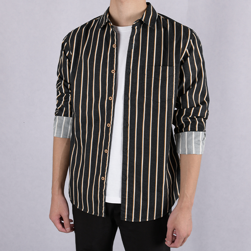 

2021 the Spring and Autumn Japanese Plain Long Sleeve Fashionable Cotton Striped Shirts for Retro Comfortable Men's Shirt 4ob5, Apricot black strip