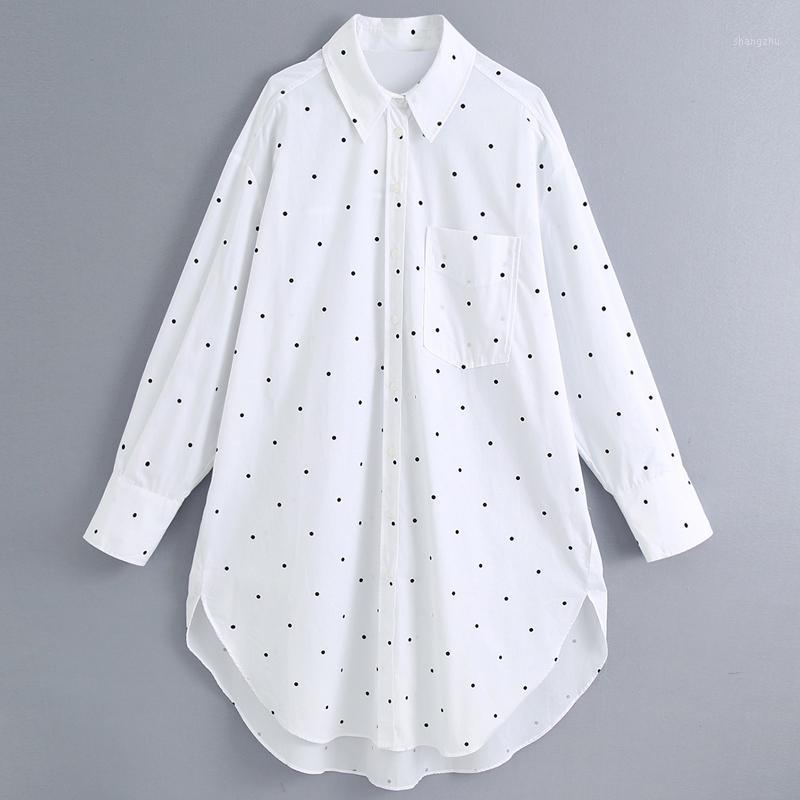 

Women's Blouses & Shirts AGong Turn Down Collar Women Fashion Black Dot Printed Elegant Loose Pocket Long Tops Female Ladies GY, Bbbl7299