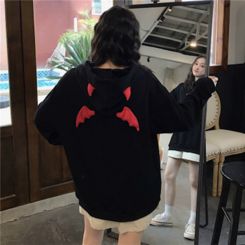 

2021 New Spring Autumn Women Sweatshirts High Street Harajuku Cute Hoodies Punk Gothic Devil Horn Chic Hooded Pullover Loose Sweat Qzl2, Black