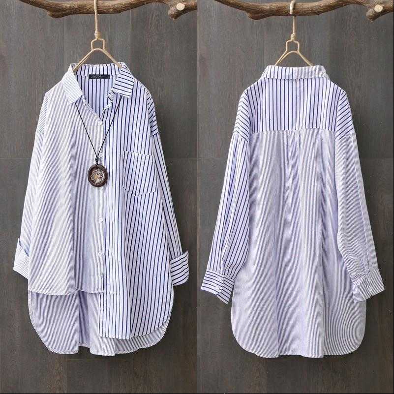 

plus size asymmetrical zanzea women blouses elegant striped casual long sleeve blusas female button stiching tunic, White