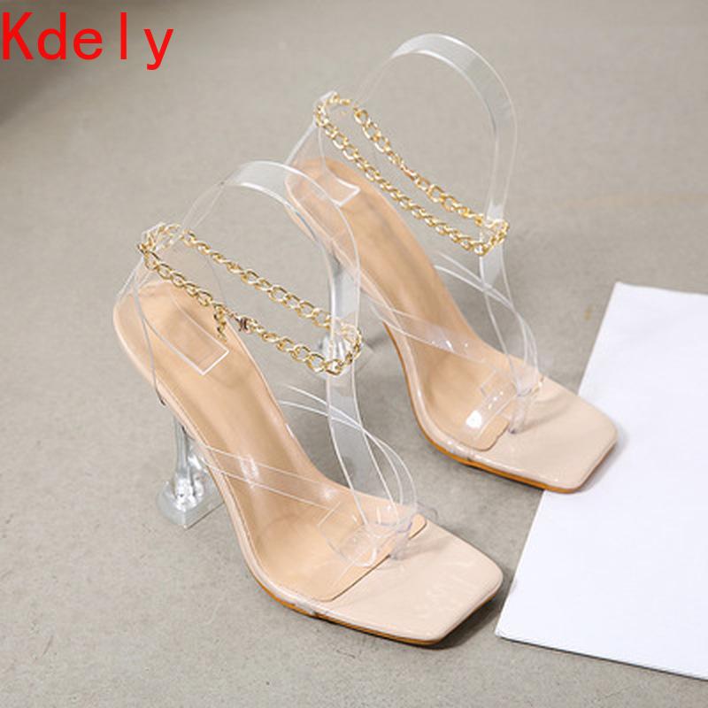 

2021 Summer Women 11.5cm High Heels Luxury Designed Metal Chain Sandals Fetish Transparent Sandles Lady Sexy Up Toe Dress Shoes, Beige