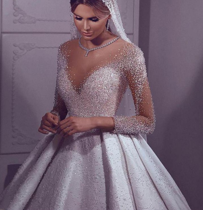 

New Custom Made Luxury Arabic Dubai Wedding 2021 Illusion Neck Pearls Beading Long Sleeve Bridal Gowns Robe De Mariee Hy37, White