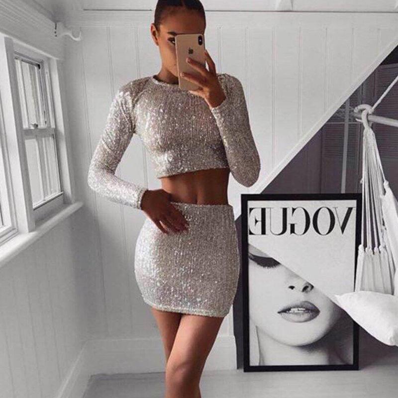

Two Piece Dress Sequin Suit Sexy Sparkling Long-sleeved Top And Short Skirt Peice Set, Silver