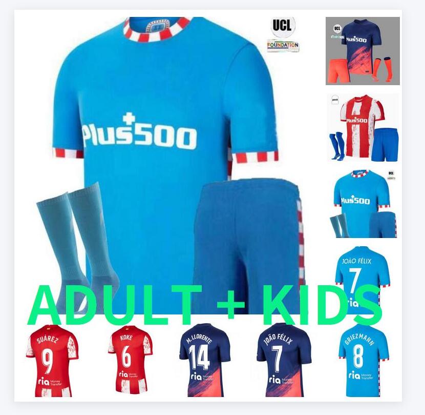 

JOAO FELIX SUAREZ Atletico Madrid Soccer Jerseys 2021 2022 SAUL Camisetas 20 21 22 LLORENTE CORREA Football Shirt Men Kids Kit set uniform socks pants shorts, 2021-22