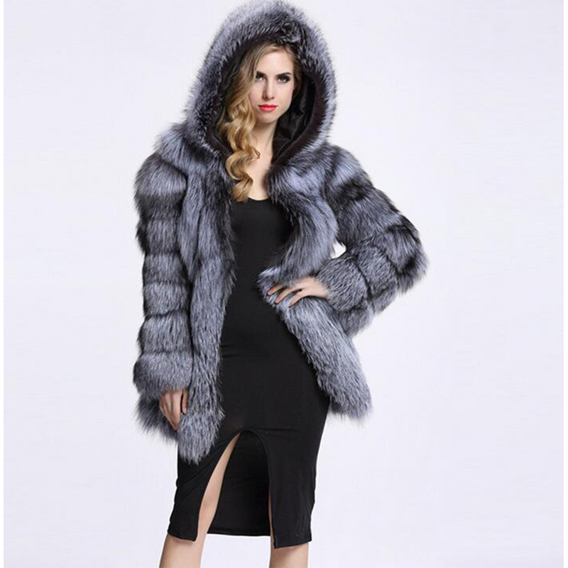 

New Fox Fur Stitching Fur One Female Mid-length Nine-point Sleeve Hooded Faux Fur Coat Women, Black