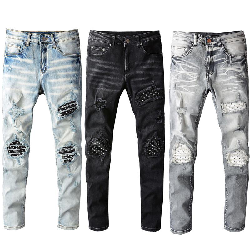

Men's Jeans Street Style Fashion Men Elastic Cotton Slim Fit Ripped Patches Designer Hip Hop Casual Denim Punk Pencil Pants, Black