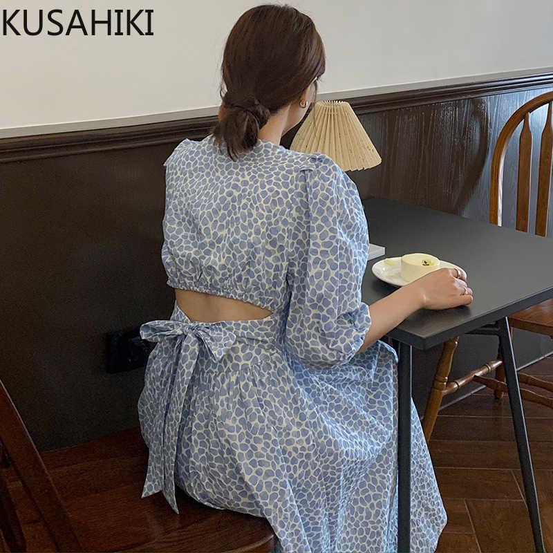 

KUSAHIKI Chic Floral Woman Dress Puff Sleeve V-neck Elegant Slim Waist Dresses Korean Bow Tie Hollow-out Backless Vestidos 6H513 210602, Blue