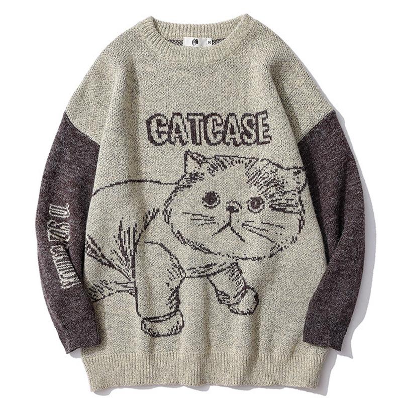 

Men's Sweaters Vintage Unisex Knitted Sweater, Cartoon Cat Sweater For Men, Hip Hop, Round Turtleneck, White;black