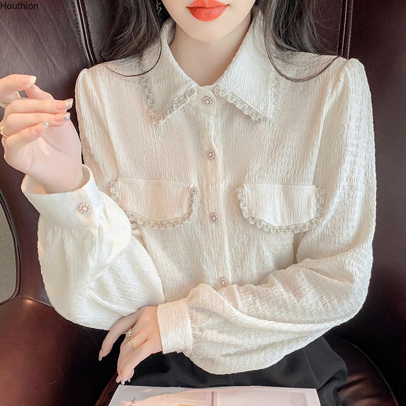

Women's Blouses & Shirts Autumn Shirt Long Sleeve Tops Solid Color Blouse Girl Chiffon Casual Fashion Lady Loose, White