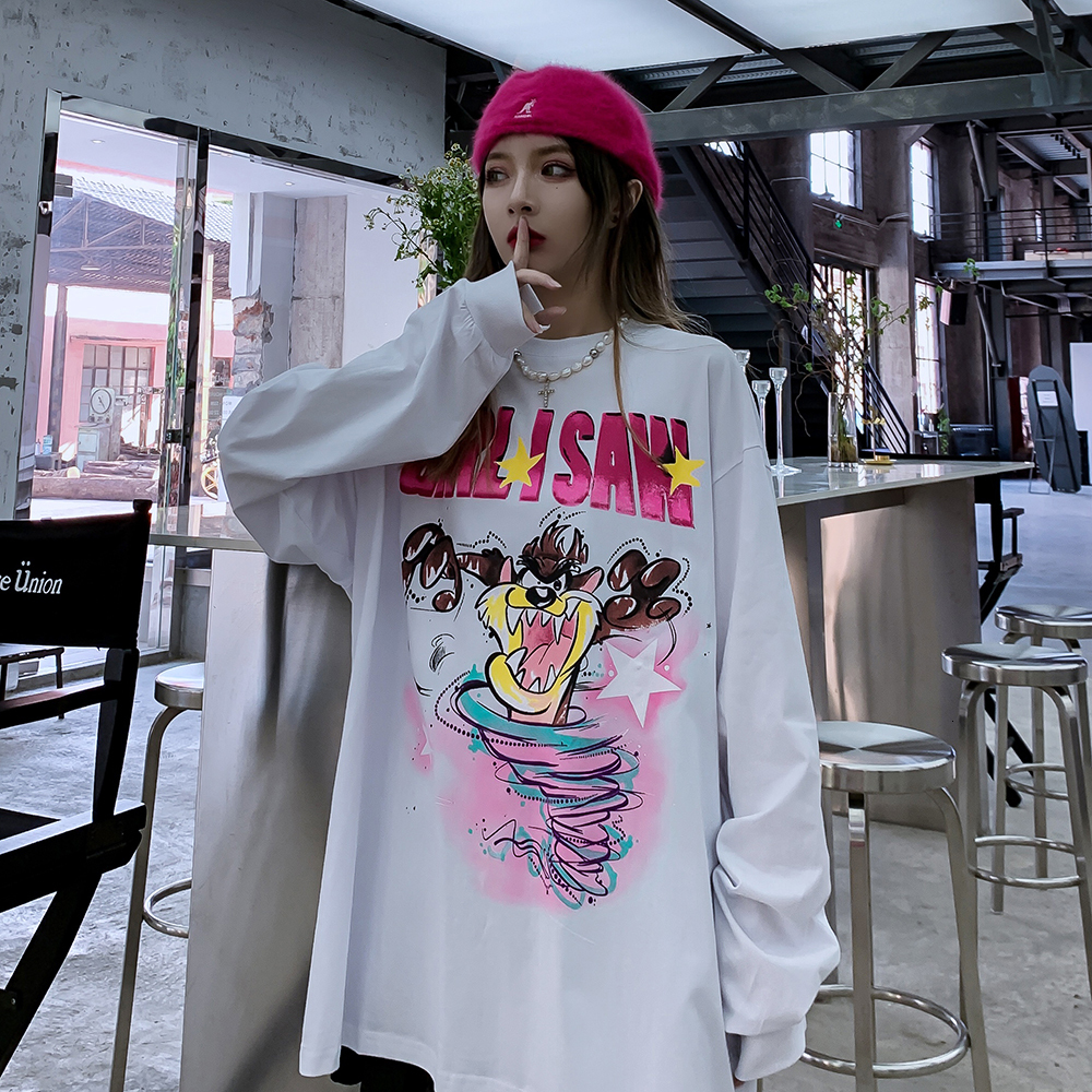 

2021 New Kawaii Cute Harajuku Japanese Streetwear Long Sleeve Tshirts Oversized Shirts Sweatshirts Women Clothing Winter Szqz, Black