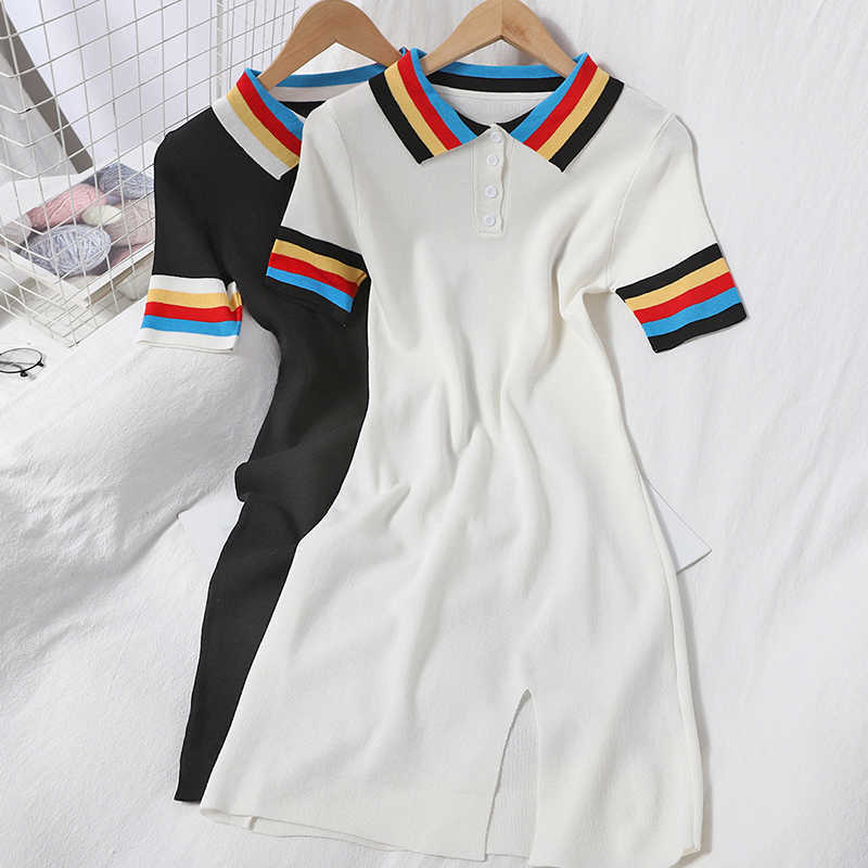 

Casual Knitted Summer Women Dress Vintage Turn Down Collar Striped Short Sleeve Spilt Out Female Harujuku Dress W9233 210526, White