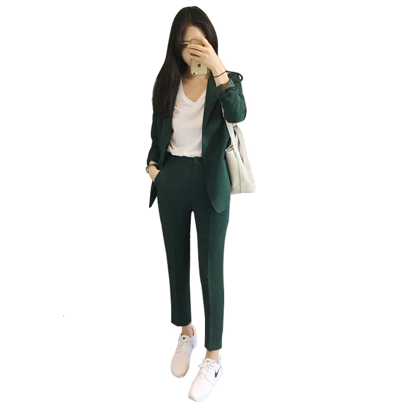 

2021 New Pant for Long Sleeve Elegant Blazer Women Casual Two Piece Set Lady Office Fashion Business Suits G68a, Green