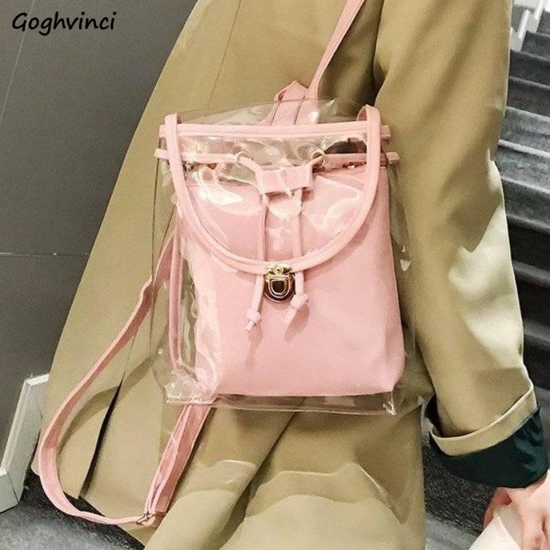 

Backpacks Women Drawstring Transparent Solid Hasp Waterproof PU Candy Color Schoolbags Teenage Girls Large Capacity Chic Fashion, Beige
