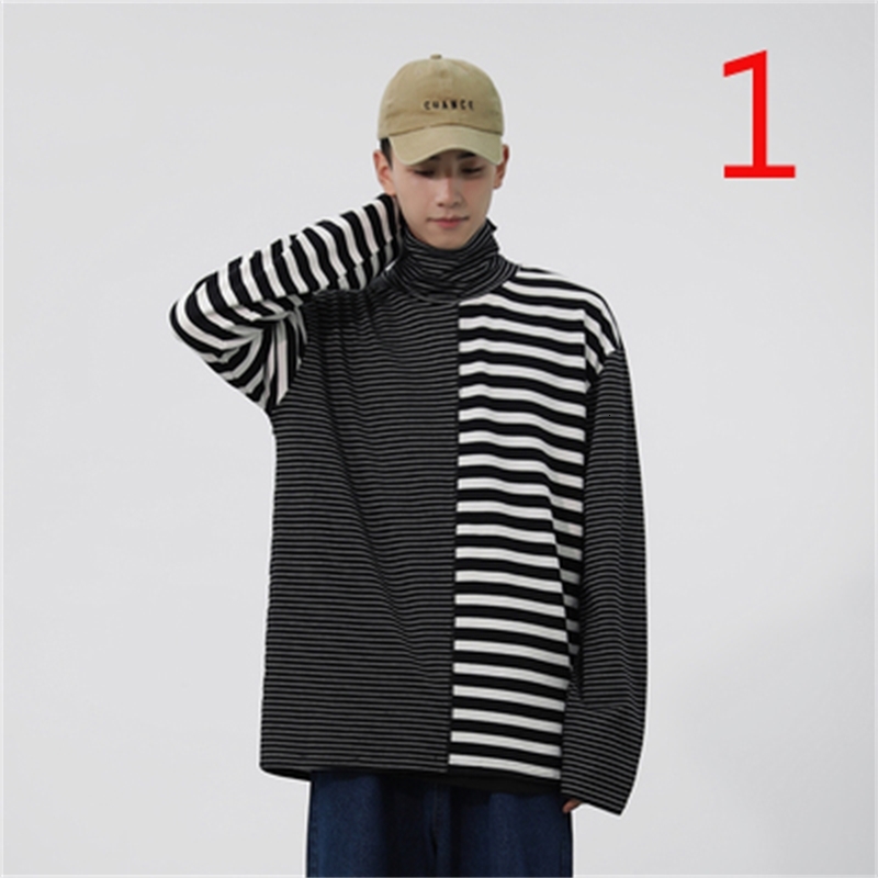 

2021 Autumn New Personality Stripe Stitching Long-sleeved T-shirt Loose Trend Bottoming Shirt Men W6bi