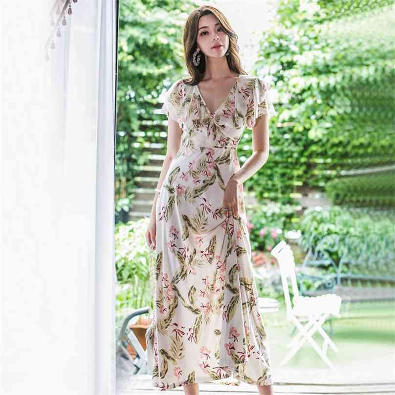 

Long Floral Dress for women Summer korea ruffle Sleeve V neck chiffon Sexy Sundress ladies Causal Boho maxi Dresses 210602, Design and color