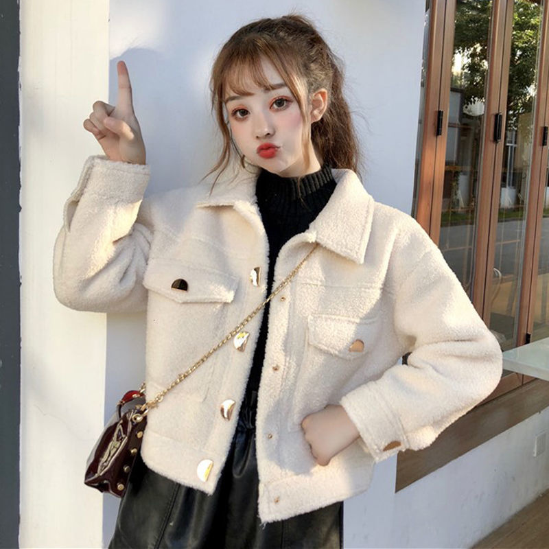 

2021 New Thicken Korean solid color plush fur women's short cotton coat 48VU, Beige