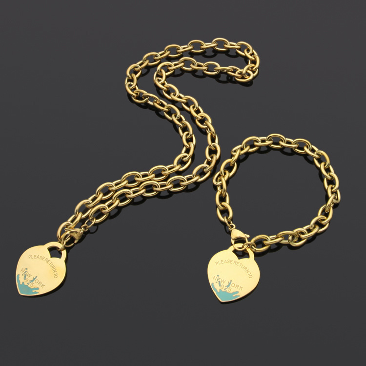 

Luxury Stainless Vintage Charms green enamel Heart Pendant necklaces Women Men Sun Gold Chunky chain Bracelet and necklace T Jewelry set, Stainless qaulity