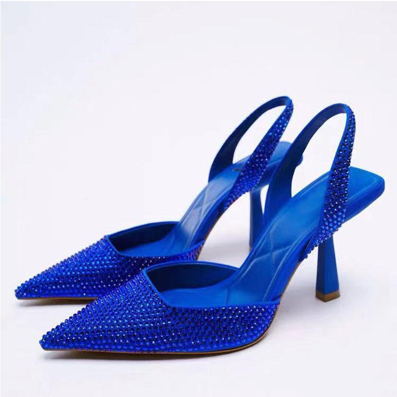 

Sandals Women Royal Blue Pumps Comfortable Heeled Party Wedding Shoes Crystal High Heels Summer Bride