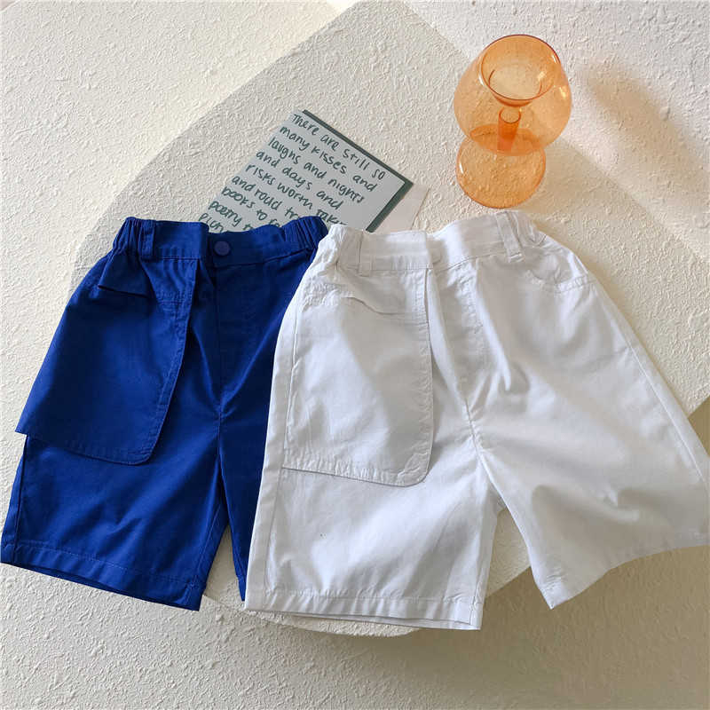 

Summer boys girls big pocket solid color thin casual shorts 2-7 years unisex loose cotton knee length pants 210615, Blue