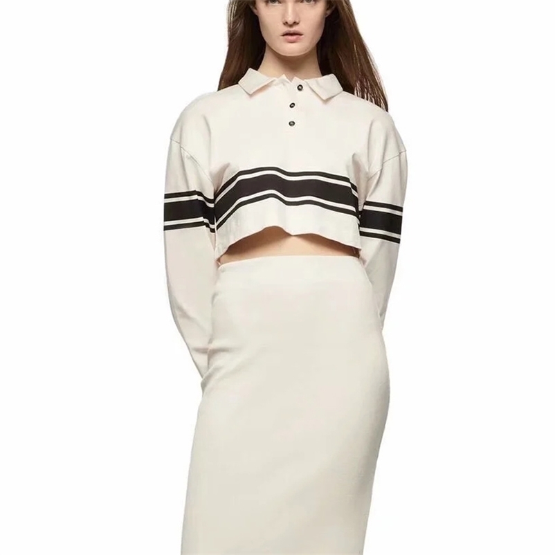 

spring suit striped short polo shirt with the same solid color elastic waist straight skirt 210524