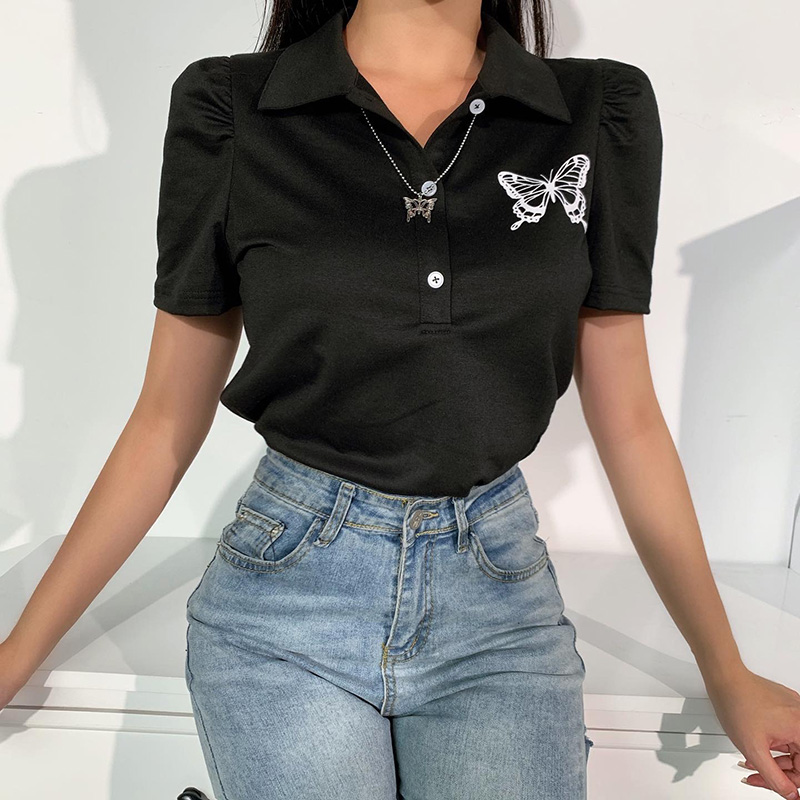 

IntaHot gothic turn down collar blouse short sleeve black butterfly embroidery button summer shirt streetwear office lady tops, White