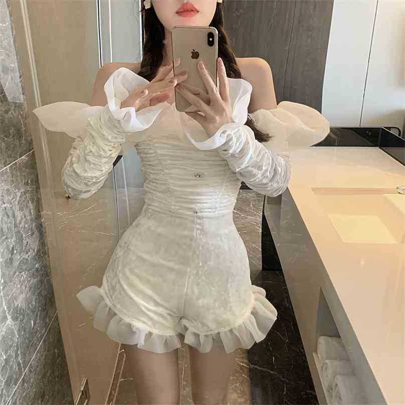 

Apricot Vintage Chic Ruffles French Sexy Plus Size Gentle Retro High Quality Off-Shoulders Slim Bodysuits 210525, Beige