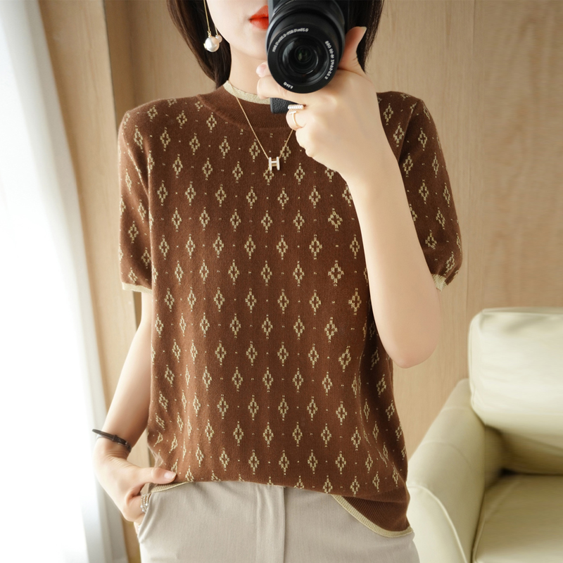 

Spring Summer New Short-sleeved Women O-neck Slim Cotton Blend Pullover Vest T-shirt Knitted Base Printing Casual Knit Sweater, Black