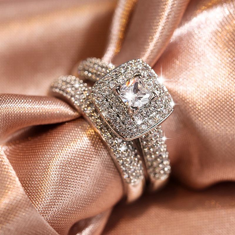 

Wedding Rings Luxury Female White Square Crystal Ring Charm Silver Color Engagement For Women Vintage Bridal Zircon Set