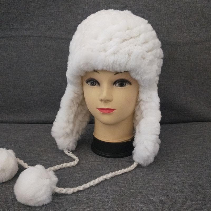 

Berets 2021 Women Winter Knitted Rex Fur Hat With Earflap Warm Pompom Bombers Cap Female Arrival Genuine Hats Femme, White