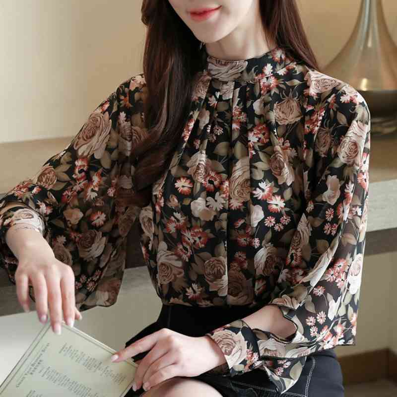 

Fashion Woman Blouses Spring Long Sleeve Women Tops Stand Collar Print Chiffon Blouse Women Womens Tops And Blouses C441 210602