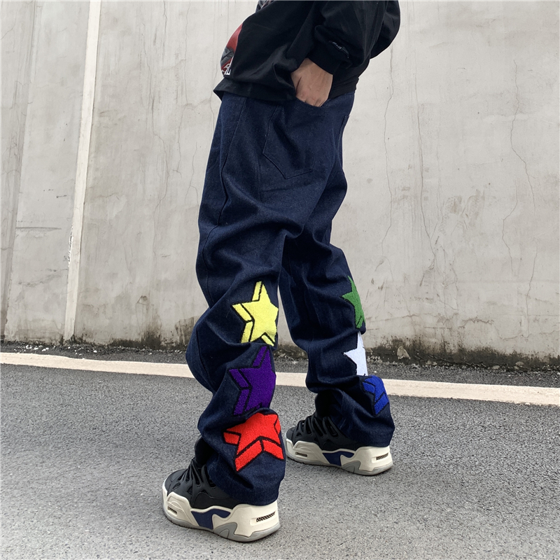 

2021 New Harajuku Stars Embrodiery Vibe Style Jeans for Men High Street Straight Washed Distressed Casual Denim Trousers L3i8, Pic color1